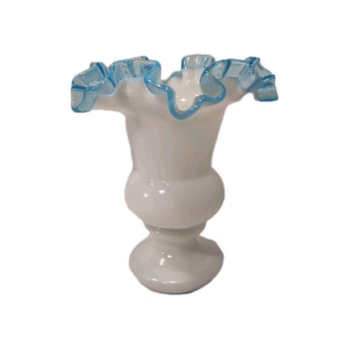 Vintage Fenton Aqua Crest Weil Vase 7" - Milk Glass With Blue Ruffled Glass Rim
