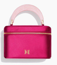 NEW Carolina Herrera Makeup Bag Hot Pink Fabric Resin Top Handle 7.5x4.5x4 in