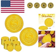 100 Count Plastic Gold Coins Set, Pirate Treasure Gold Play Coins for Kids Pa...