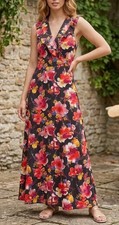 Vintage Black Floral Halter Maxi Dress Size 9 Ruffled Neck Self Ties