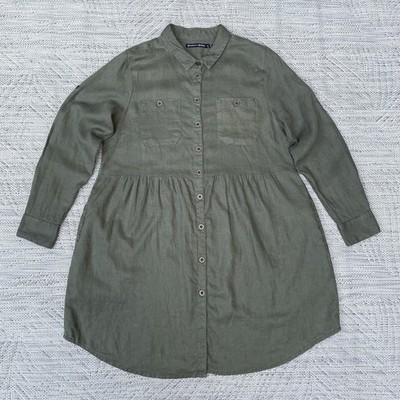 Gudrun Sjoden Leinen Tunika Shirt Karen Damen S dunkeloliv Knopfleiste Kleid