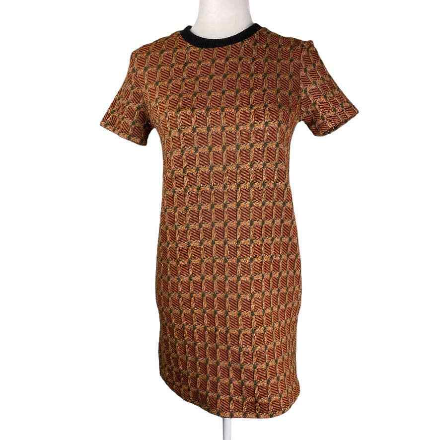 Zara Geometric Burnt Orange/Green Plaid Print Knit Dress