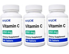 3 Pack - MAJOR Vitamin C 250 mg Ascorbic Acid Tablets, 100 Count