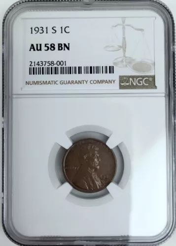 1931-S 1C - KEY DATE - LINCOLN WHEAT CENT - NGC GRADED - AU58 BN - 2143758-001