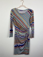 Onjenu Dress Womens Size 10 UK Blue Yellow Red Bodycon Ruched Stretch Geometric