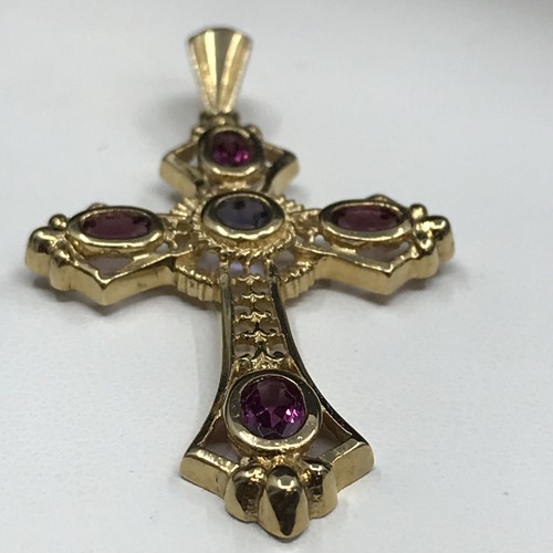 14K Yellow Gold Cross Pendant with Natural Violet And Lavender Spinel Gemstones - Picture 15 of 20