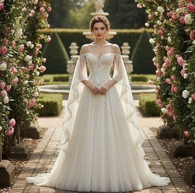 Boho Princess Wedding Dress Off Shoulder Cape Sleeves Lace Applique Bridal  Gowns | eBay
