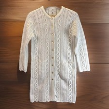 True Vintage 60s Tunic Sweater S White Cream Cable Knit Cardigan Pockets Cottage