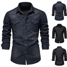 Men's Denim Shirt, Solid Color Slim Fit Long Sleeved Workwear Pocket Shirt Tops.