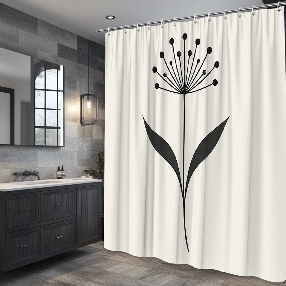 Elegante cortina de ducha con flores negras para decoración de baño minimalista Foto 4 de 4