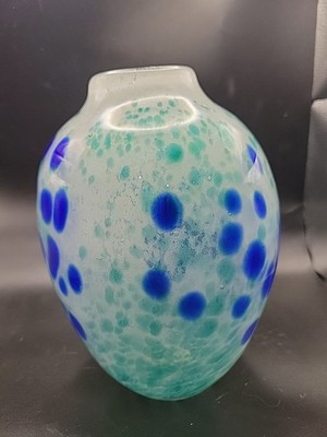Handblown Glass 8'' Vase Confitti White, Aqua, Royal Blue No Chips Or Cracks