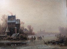 Schlittschuhläufer, Holland, um 1850, Öl auf Holz, Monogramm K, Originalrahmen