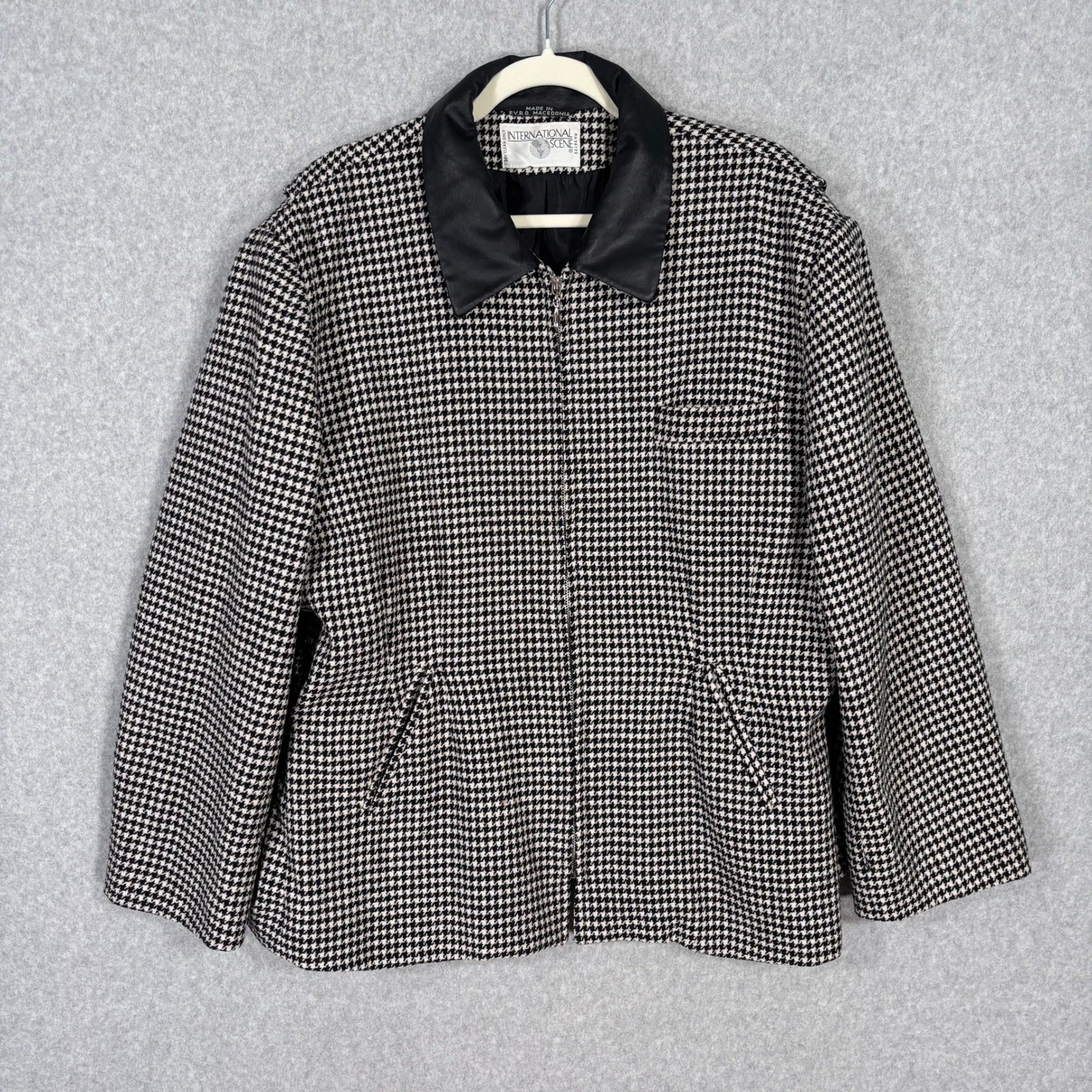Vintage Houndstooth Tweed Blazer Size 20 Leather Collar Old Money Retro Glam