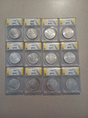 MORGAN SILVER DOLLAR ANACS GRADED MS 60-63  UNC 12 COIN COLLECTION!!