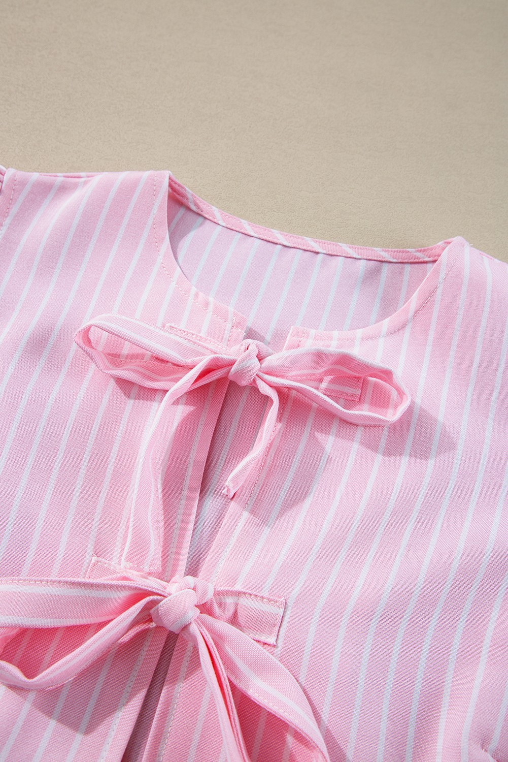 Pink Stripe Blouse L Bowknot Front Crew Neck Puff Sleeve Peplum Top UK Size 14 image 5
