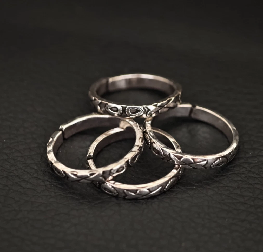 925 Sterling Silber Floral Zehenring Set Verstellbar Boho Oxidiert Fußschmuck