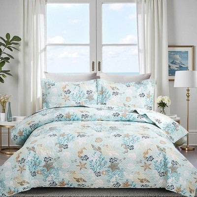 Ycosy 3-Piece Coastal Beach Bedspread Blue Marine Theme Quilt Set Bedding Sea...