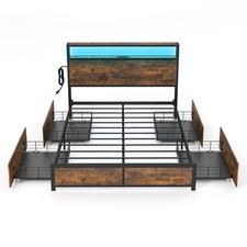 Full Industrial Platform Bed Frame with Storage Drawers  LED Lights Headboard