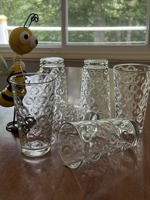 6 Vintage Pasabahce Dot Optic Circle Clear Glass Tumblers 16 Oz