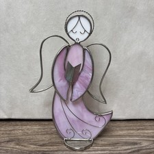 VTG Stained Glass Angel Figurine Pink Clear Glass-10  Tall