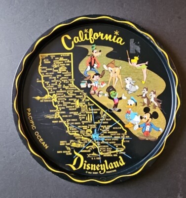 VTG 60s California Walt Disney Disneyland Map Metal Tin Souvenir Plate Tray 11''