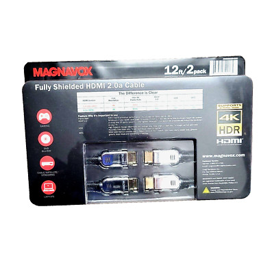 Magnavox 2 Pack Fully Shielded 4k HDR HDMI 2.0a Cable. 12 ft Long
