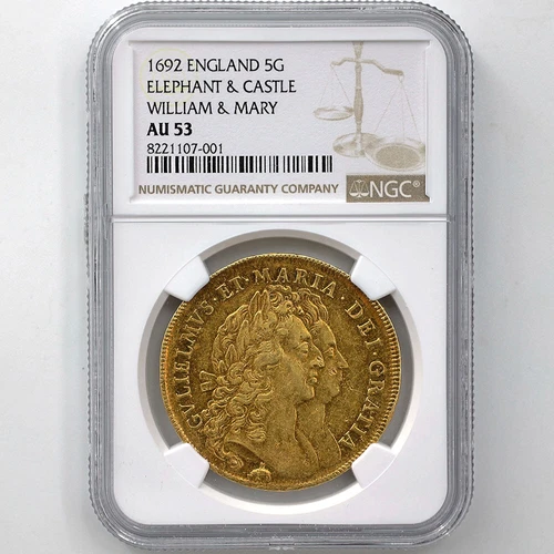 1692 Great Britain William & Mary Elephant and Castle Gold Proof Coin NGC AU 53