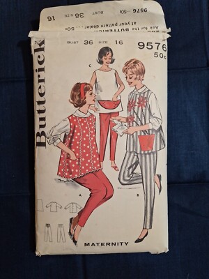 Vtg 1960s Butterick 9576  Mod Maternity Wear Blouse Smock Kangaroo Pants sz 16