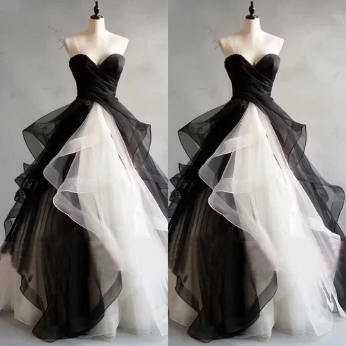 Vintage Gothic Black and White Wedding Dresses A-line Strapless Bridal Gowns - Picture 1 of 10