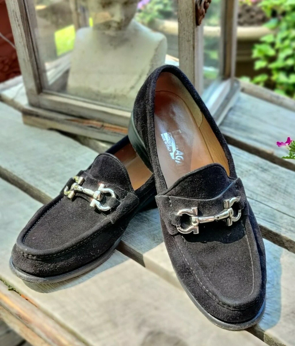 Salvatore Ferragamo Grandioso Black Gancini Suede Loafers Size 7 Retail $595