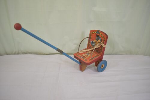 Vintage Gong Bell Mfg Co wood/tin chime Doll stroller stick toy 1950s - Afbeelding 1 van 13