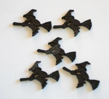 5 Black Witch on Broom Flat Back Button Embellishments / Halloween Crafts