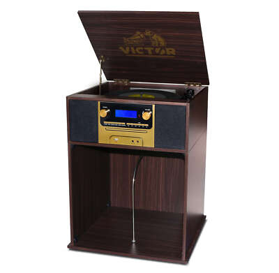 Victor Boyleston 7-in-1 3-Speed Turntable Music Center w/ Album Storage & AM/FM