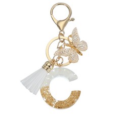 Alphabet C Tassel Butterfly Initial Letter Keychain Gold Tone/White, Pack of 1
