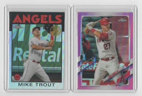Mike Trout 2021 Topps Chrome Pink Refractor & 86 Topps insert w/sleeves- 2 cards