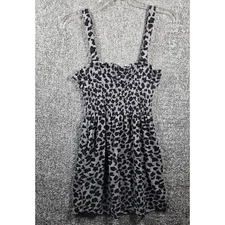Gray Leopard Print V. Tank Sundress Smocked Mini Dress Sleeveless Women's Medium