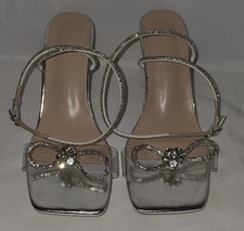 Elegant Silver Strappy Women's High Heel Sandals Rhinestone Bow - Sz 8 EUR 39 