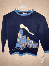 Vintage Toddler Train Sweater Knit Locomotive Navy Blue Retro Kids 6x-7