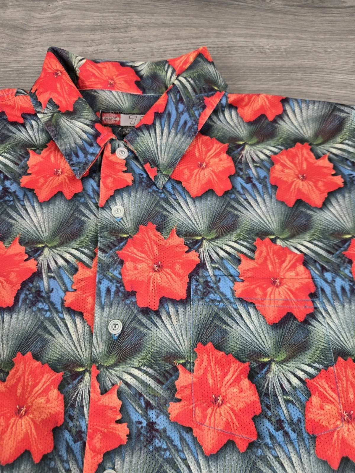 7M Shirt Mens Large L Red Ss Button Up Floral Hawaiian Goldcrest Millenium