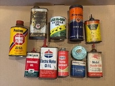 LOT OF 11 SMALL VINTAGE OIL CANS & OTHER - SINCLAIR STANDARD MOBIL FIRESTONE +++