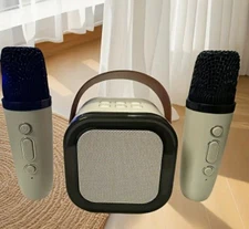 Mini Beige Karaoke Speaker With 2 Wireless Microphones LED Portable Speaker