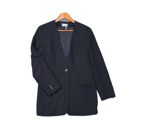 DKNY, Vintage DKNY Wool Blazer Womens 6 Black Collarless Deep V Neck Oversized 90s