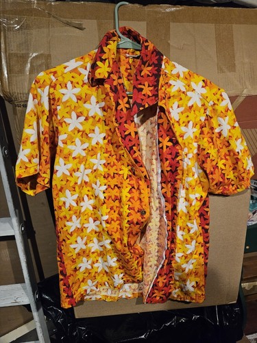 Island Fashions Mens Hawaiian Shirt Size Medium Orange Aloha Flowers Vintage