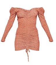 NWT PrettyLittleThing Brown Polka Dot Long Sleeve Ruched Bodycon Dress Sz 4