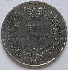 1872 Queen Victoria Second Head Sixpence Coin9.25 Silver Very Fine Grade