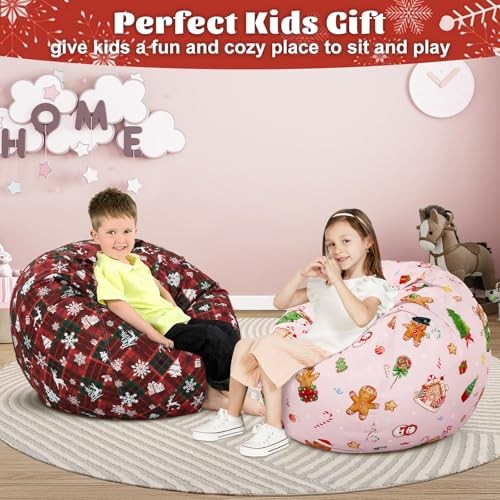 Bean Bag Chair for Kids Stuffed Animal Storage Beanbag Christmas Plaid