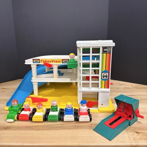 Vintage Fisher Price Play Family Service Action Garage with Extra People & Cars