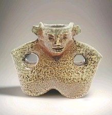 Rare Vintage MCM Brutalist Pottery Face Vase Dual Handle Marked OOAK ( M ) #A4