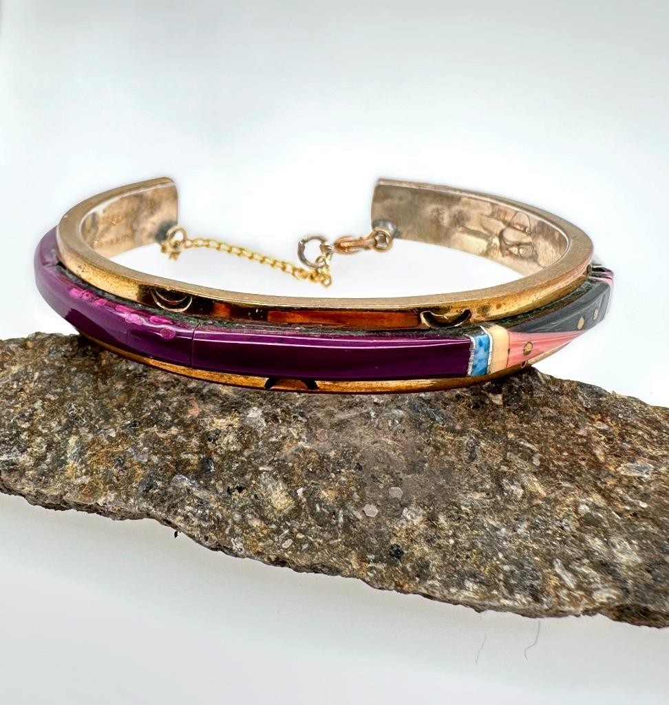 Vintage Nez Navajo Multi Stone Inlay Sterling Silver Gold Wash