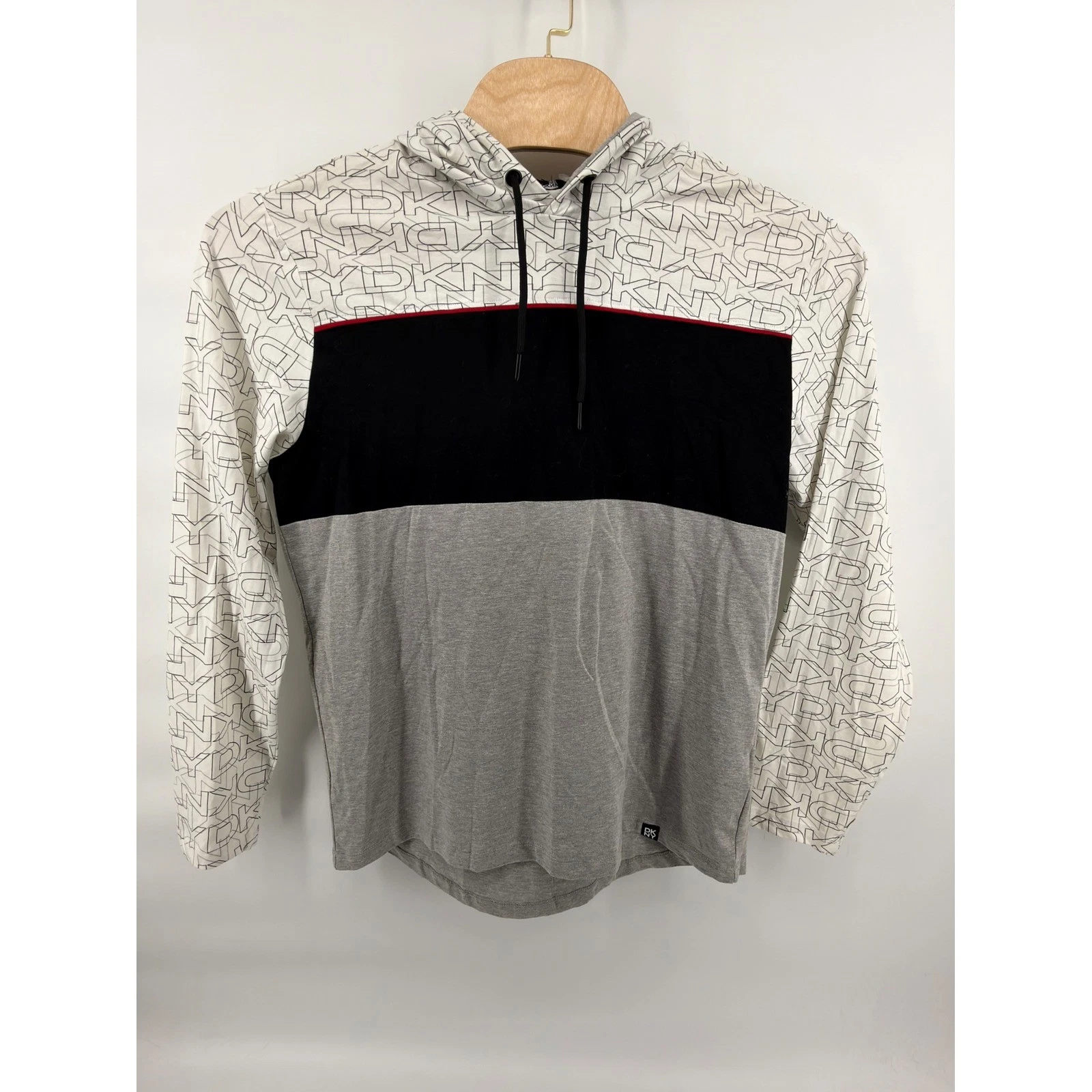 DKNY Men's Colorblock Hoodie L Stretch Geometric Logo Print Long Sleeve Pullover